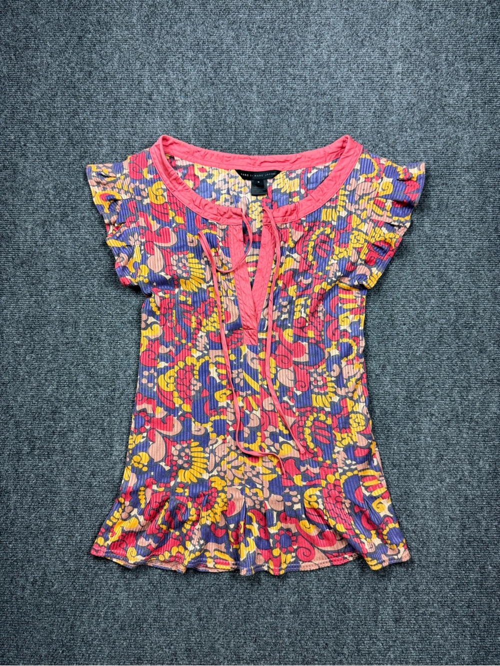 Marc by Marc Jacobs Blouse Multi Color Short Sleeve Shirt Size Small Pink & Blue